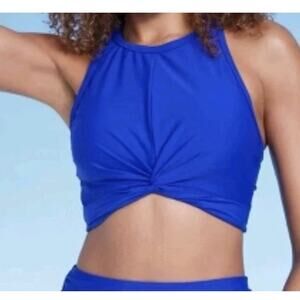 Shade & Shore High Neck Twist-Front Bikini Top Womens Small 4-6 Blue NWT